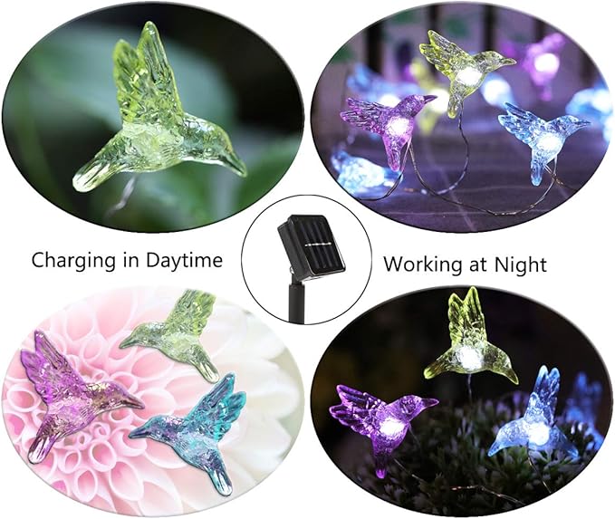 Solar Hummingbird String Lights, 15.8 Ft 30 Warm White LED Outdoor Waterproof Bird Fairy String Lights for Garden Yard Outdoor Decorations