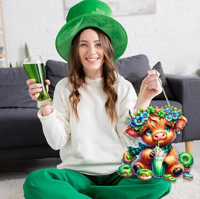 St Patricks Day Door Decorations, St Patricks Day Highland Cow Decorations, Shamrock Decoration, Wood Hanging Sign for Office Party Porch Yard Outdoor Indoor Home Decor Irish Decor