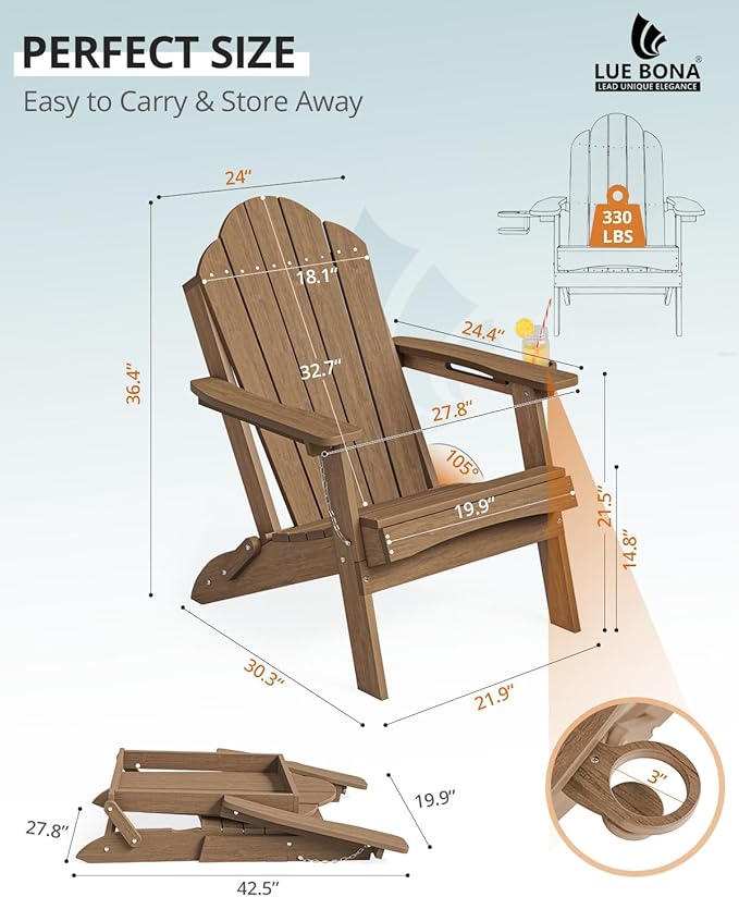 LUE BONA Folding Adirondack Chair, Chairs Set of 8, Cup Holder, Woodgrain, Fire Pit, Patio, Pool, Brown