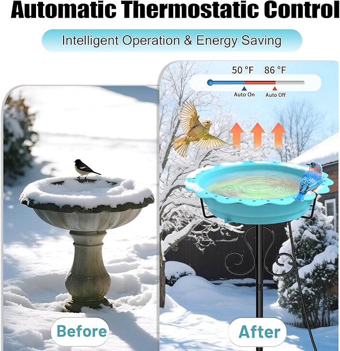 Heated Bird Baths for Outdoors, 100W Heated Birdbath Bowl for Outdoors for Winter with 5-Prong Metal Base Thermostat Control, Heated Bird Bath for Outside Winter Garden Patio Yard Lawn (Blue)