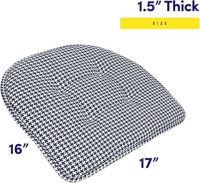 Sweet Home Collection Chair Cushion Memory Foam Pads Tufted Slip Non Skid Rubber Back U-Shaped 17" x 16" Seat Cover, 6 Pack, Houndsooth Navy