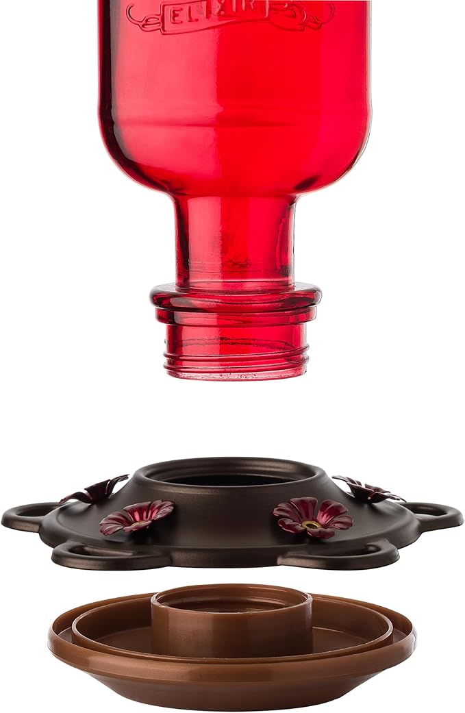 More Birds Elixir Hummingbird Feeder, Vintage Glass Medicine Bottle Hummingbird Feeder for Outdoors, 5 Feeding Stations, 13 Ounces
