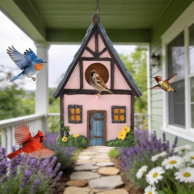Bird Houses for Outside Pink Cottage Resin Birdhouse, Garden Outdoor Decor Bird House with Flower and Stone Details, Birdhouses for Outdoors for Bluebird Finches Cardinals