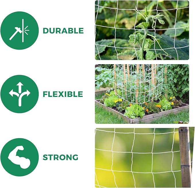 3 Packs 5 x 30ft Kikhope Plant Trellis Netting, Heavy-Duty Polyester Grow Net, Garden Trellis Netting with Square Mesh for Climbing Plants, Vegetables, Fruits, and Flowers, White