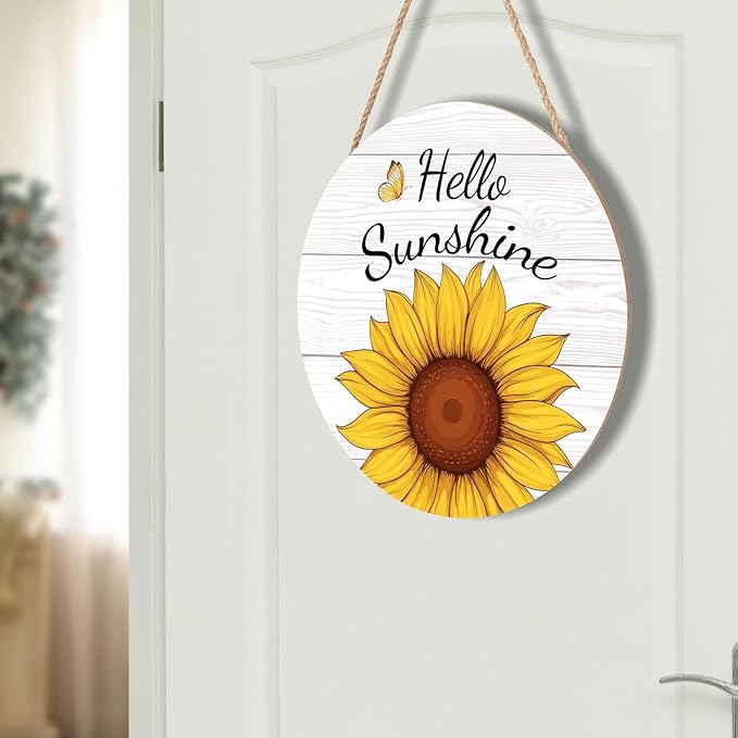 Hello Sunshine Door Sign For Front Door Decor,Spring Summer Sunflower Butterfly Wooden Sign 12"x 12" Round Hanging Door Sign Decoration for Wall Rustic Decor