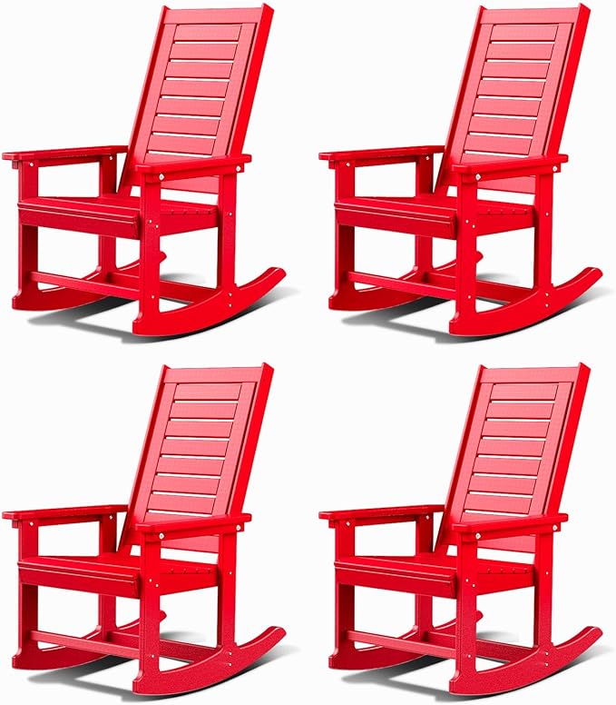GREENVINES Outdoor Rocking Chairs | Set of 4 | Porch Rocker | HDPE Plastic | Red | Oversized Rockers | High Back | Big & Tall | Ladder Back | for Patio Outside Backyard Balcony Garden