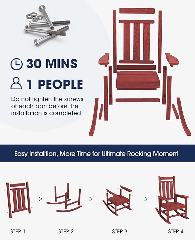 KINGYES Outdoor Rocking Chair Set of 6, All-Weather Patio Rocking Chairs for Porch, HDPE Rocking Outdoor Chairs with High Back for Adult, Heavy Duty Outdoor Patio Rockers for Garden, Lawn, Red