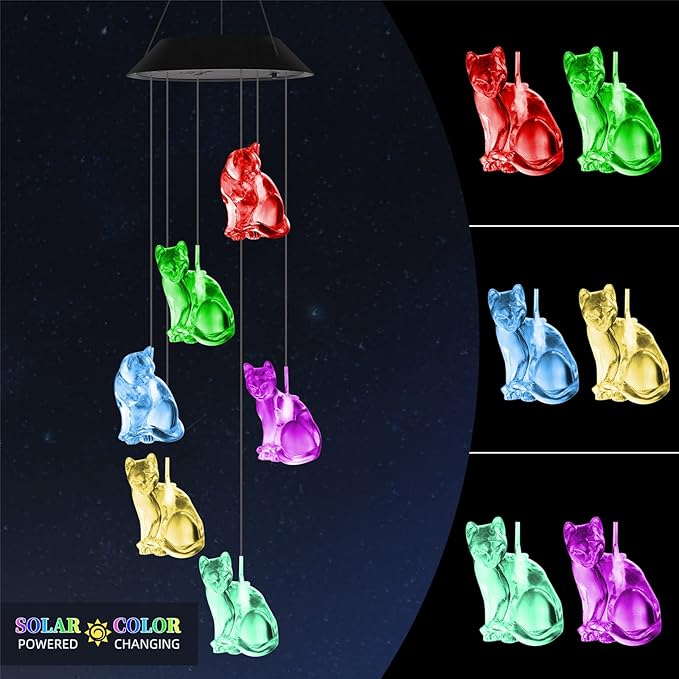 Cat Wind Chimes HiSolar Cat Solar Wind Chime Color Changing Outdoor Gifts fo Mom Grandma Friends Birthday Gifts for Mom, Grandma Gift, Gardening Memorial Wind Chimes