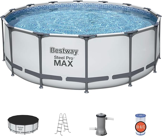 Bestway 7 Colored LED Waterfall Cascade Accessory Attachment & Steel Pro MAX 14' x 48" Round Outdoor Above Ground Swimming Pool Set with Pump