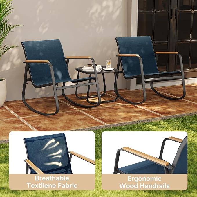 Aiho 3 Piece Rocking Bistro Set, Textilene Fabric Patio Furniture Set, Front Porch Rocker Chairs with Coffee Table for Lawn, Garden, Balcony, Poolside (Blue)