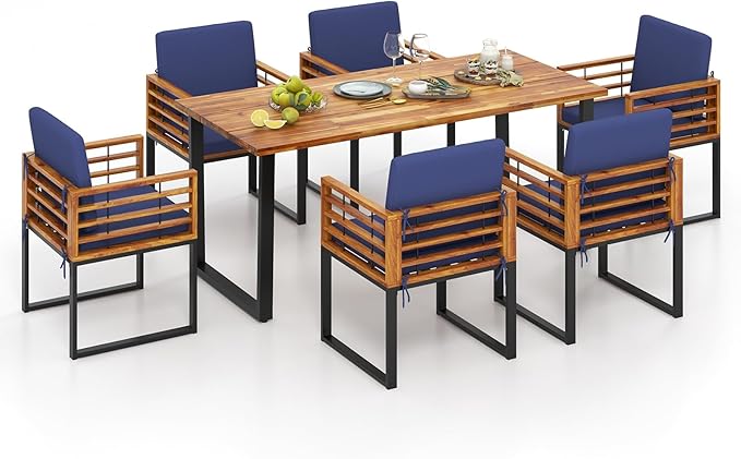 Tangkula 7 Piece Patio Dining Set, Acacia Wood Dining Chair & Table Set, 69” Spacious Tabletop with Umbrella Hole, Heavy-Duty Metal Support, Dining Set for Backyard, Poolside