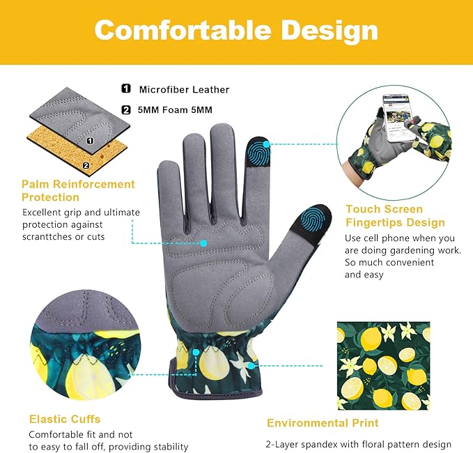 Gardening Gloves for Women, Flexible Breathable Garden Gloves, Leather Working Gloves for Weeding, Digging and Pruning (S-Lemon)
