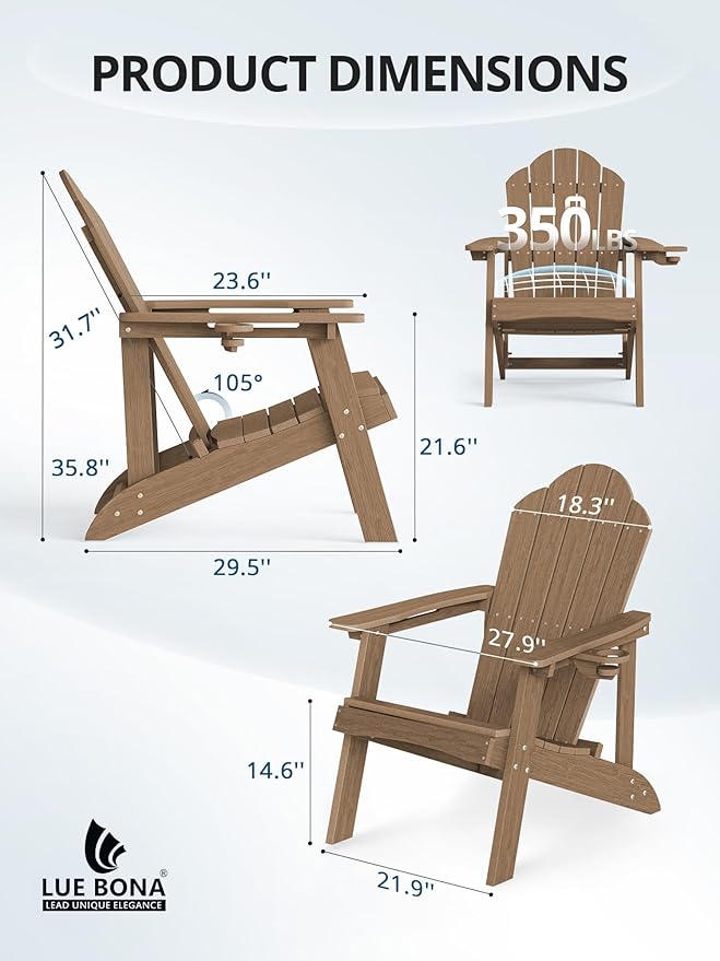 LUE BONA Wood-Grain HDPE Adirondack Chairs Set of 2 - Weather Resistant Seating with Cup Holder for Porch, Cabin, Deck & Fire Pit, Brown