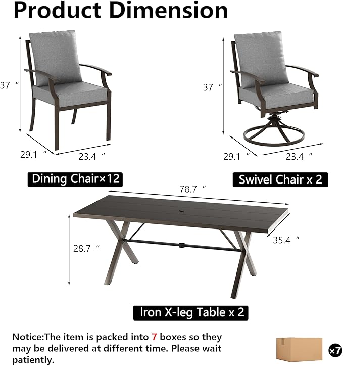 Kullavik 14 PCS Outdoor Dining Table Set for 12,Fence Pattern Back Chairs & Swivel Chairs,Iron Longboard X-Leg Table w/Parasol Hole,Patio Furniture Set for Backyard,Garden,Poolside-Grey
