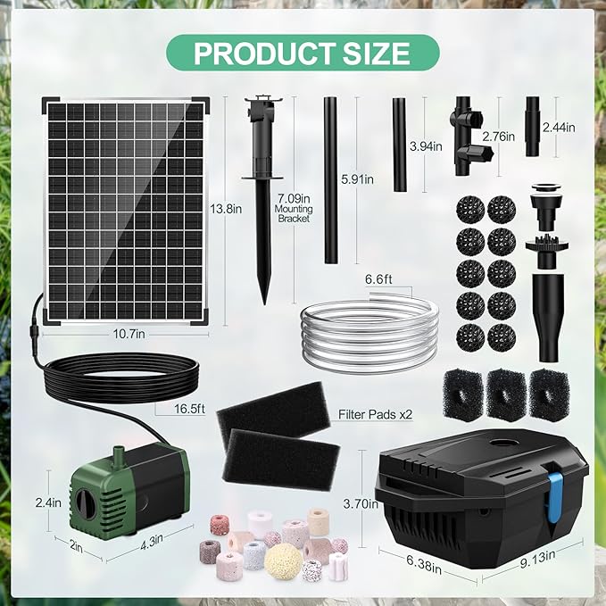 POPOSOAP Pond Filter with 20W Solar Fountain Pump, Solar Pond Filter with 280GPH Pump & Fountain Kit, Outdoor Filter Box with 6.6FT PVC Tubing, Perfect for Ponds Clean, Clear, and Add Water Features