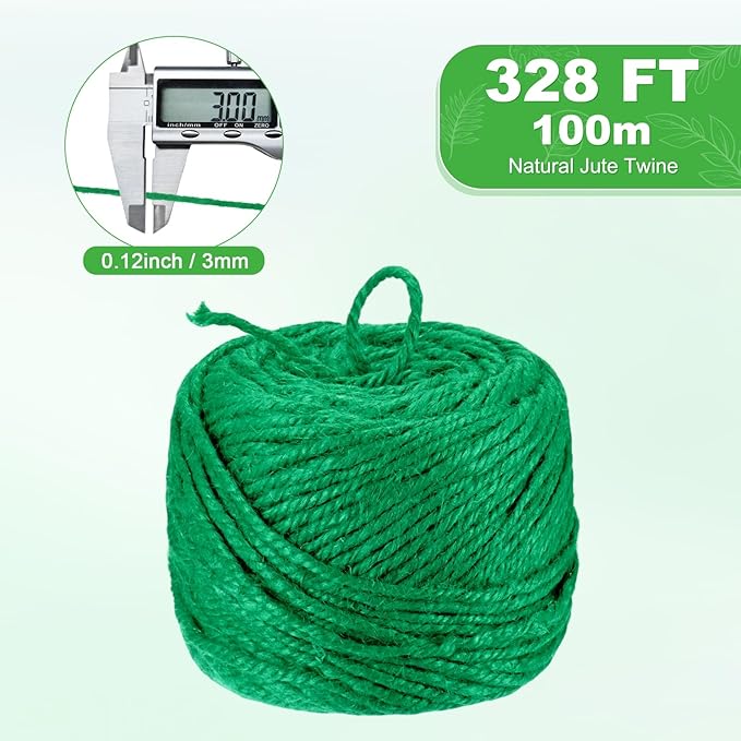 1-Pack Natural Jute Twine String, 3mm x 328ft/100m Long Garden Twine Balls for Crafts/Gift Wrapping/Gardening Plants, Durable Plant Ties Thick Rope [Green]