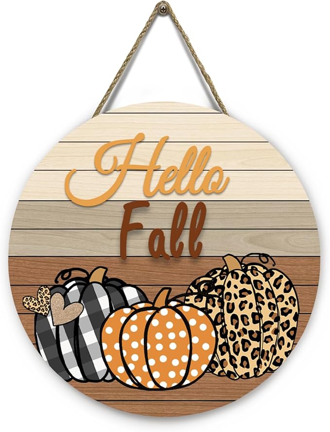 Hello Fall Pumpkin Wooden Door Signs Autumn Harvest Sign Front Door Decor Plaid Pumpkin Farmhouse Door Hanger Decorations for Home Front Door Wall Office Decor