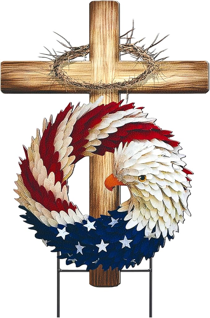 Amyhill 250th Anniversary Decorations, Patriotic Eagle Cross Metal Garden Stakes,4th of July Red White Blue Welcome Yard Signs, Flat Patriotic Outdoor Decor for Independence Day Patio Lawn Walkway