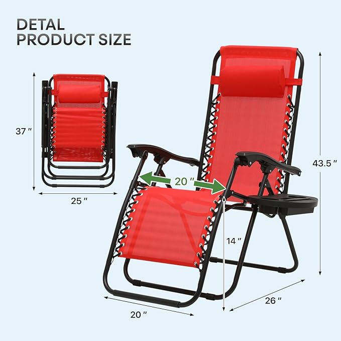 Athena Collection Zero Gravity Chair, Outdoor Lounge Chair with Adjustable Pillow and Cup Holder, Reclining Camping Chair for Outside Beach Lawn Garden Patio Poolside Set of 2-Red