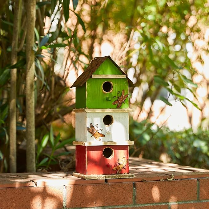 Glitzhome Bird Houses for Outside, 13.75" H Multicolored Three-Tiered Distressed Solid Wood Birdhouse Garden Hanging Bird House for Outdoors