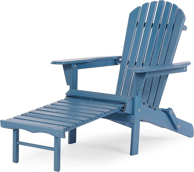 Outdoor Wooden Folding Adirondack Chair with Retractable Ottoman, Wood Patio Chair with Footrest for Garden Backyard Porch Pool Deck Firepit