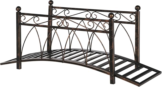 Outsunny 3.3' Metal Arch Zen Garden Bridge with Safety Siderails, Decorative Footbridge, Delicate Scrollwork & Corner Spheres for Stream, Fish Pond, Bronze