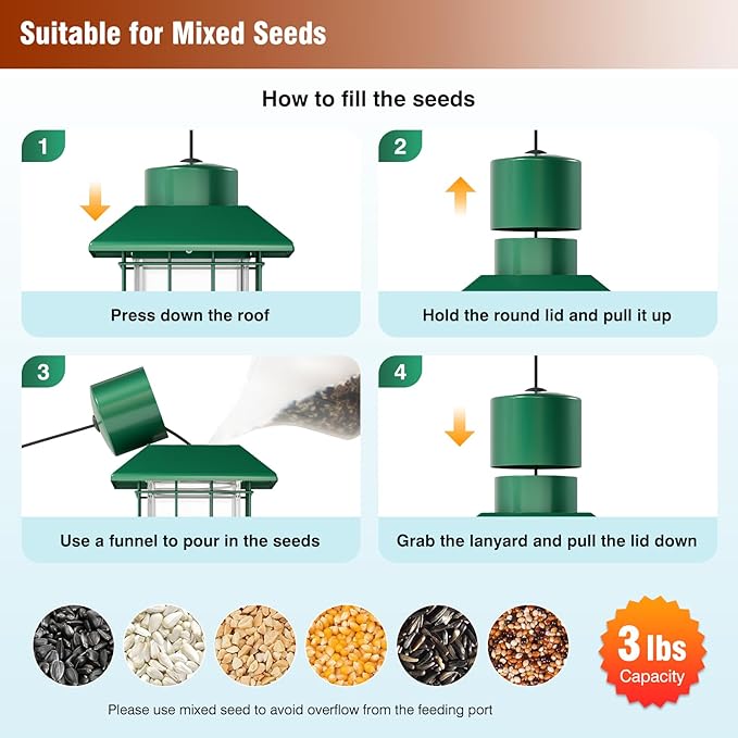 Squirrel Proof Bird Feeder, Metal Bird Feeders for Outdoors Hanging, Weight Activated, 3Lb Capacity, 4 Ports, All-Weather Tube Bird Feeder for Outside, Cardinal Finch Bluebird Wild Bird Feeder