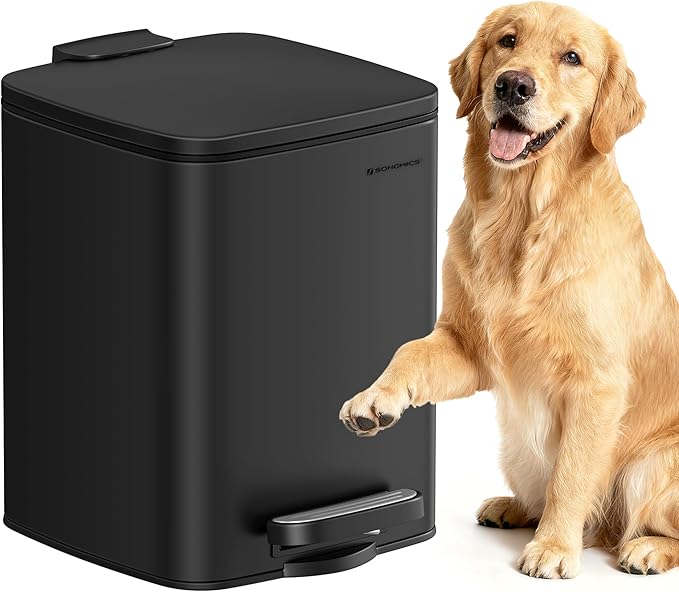 SONGMICS Dog Poop Trash Can, 1.6-Gallon (6 L) Outdoor Garbage Can with Lid, Soft Close, Stainless Steel with Inner Bucket, Ink Black ULTB590BH01