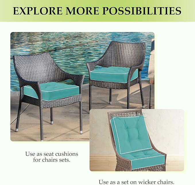 HARBOREST Outdoor Chair Cushions Set of 2, Tufted Patio Chair Cushions with Ties, Square Corner Outdoor Cushions for Patio Furniture, Lawn Chairs, Wicker Chairs, 19" x 19" x 5", Teal