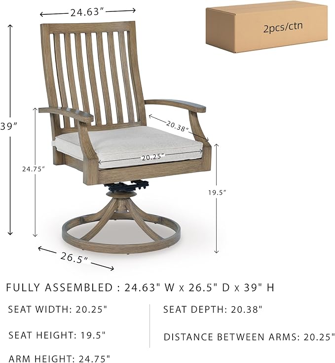 Signature Design by Ashley Rainier Ranch Contemporary Nuvella Weather Resistant Fabric Outdoor High Back Rocker Swivel Chair with Cushion, Set of 2, Light Brown & Beige