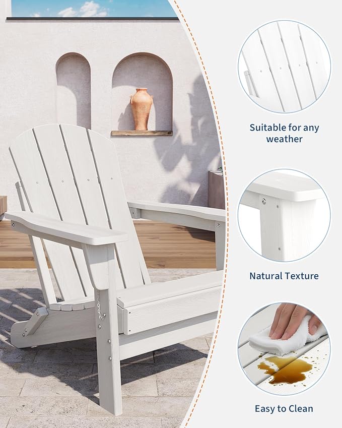 GarveeLife Folding Adirondack Chairs Set of 6, HDPE Plastic Outdoor Chairs with Wood Texture - 380 LBS & Weather Resistant for Fire Pit, Deck, Patio, Pool, Backyard - White