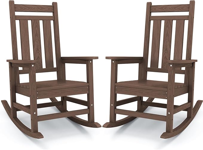 KINGYES Outdoor Rocking Chair Set of 2, All-Weather Patio Rocking Chairs for Porch, HDPE Rocking Outdoor Chairs with High Back for Adult, Heavy Duty Outdoor Patio Rockers for Garden, Lawn, Brown