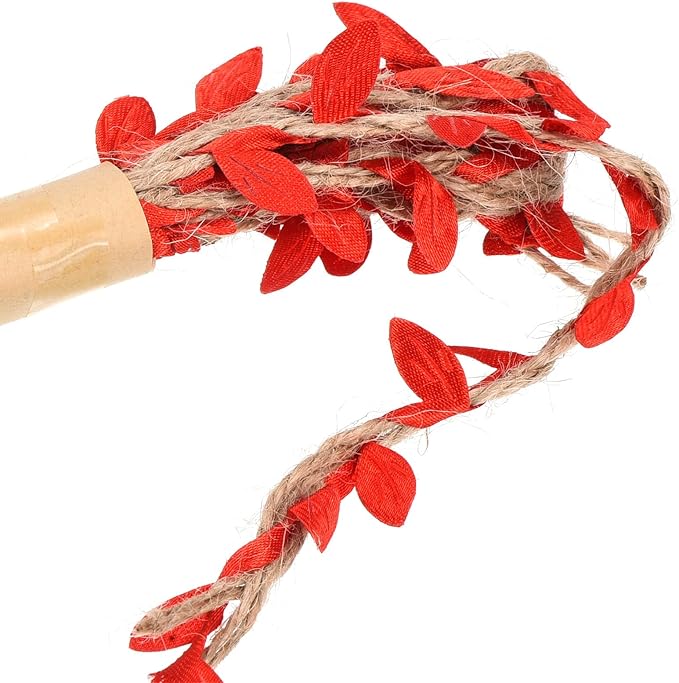 PATIKIL 6.6ft 5mm Burlap Leaf Ribbon, 2 Pack Braided Decoration Vine Natural Jute Rope Twine with Artificial Leaves for Jungle Wedding Party Home Garden Decor, Red