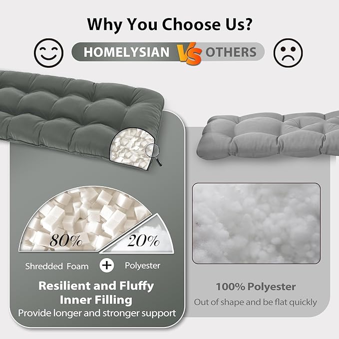 Tufted Bench Cushions for Outdoor Furniture, 44" x 19" Porch Swing Cushions Filled with Foam, Overstuffed Patio Cushions for Bench Loveseat with 2-3 Seats,Thick and Water Resistant, Grey