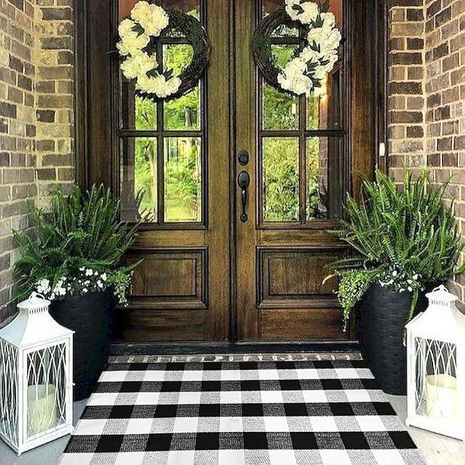 Buffalo Plaid Outdoor Rug 35.4'' x 59'' Black and White Front Door Mat Front Porch Rug Layered Welcome Door Mat for Front Porch Decor, Front Door, Farmhouse Decor,Entryway