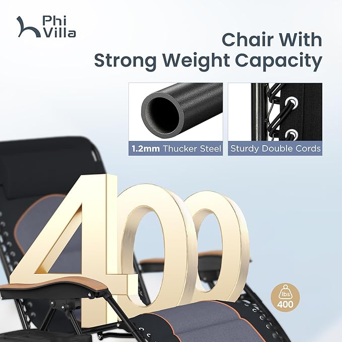 PHI VILLA XXL Oversized Padded Zero Gravity Chair Set of 2, Foldable Patio Recliner, 30" Wide Seat Anti Gravity Lounger with Armrest and Cup Holder, Support 400 LBS (Black & Orange Accents)