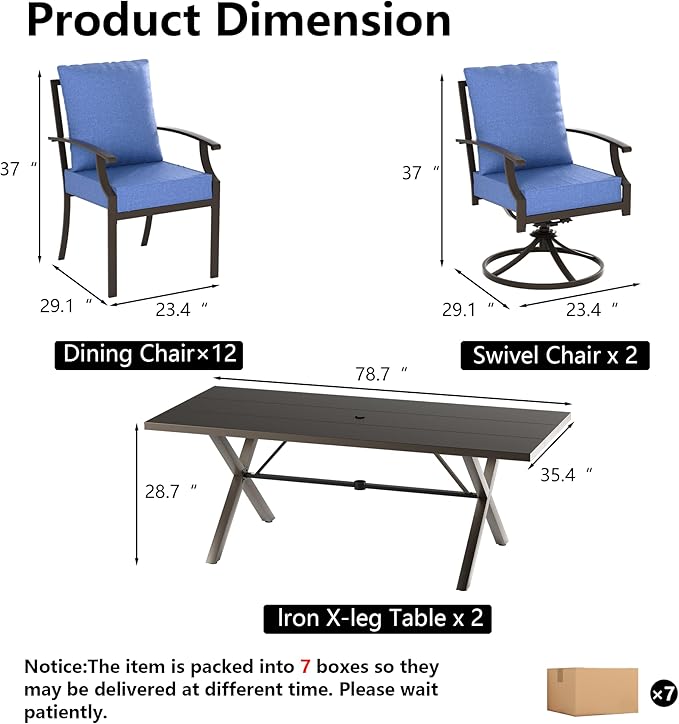 Kullavik 14 PCS Outdoor Dining Table Set for 12,Fence Pattern Back Chairs & Swivel Chairs,Iron Longboard X-Leg Table w/Parasol Hole,Patio Furniture Set for Backyard,Garden,Poolside-Navy Blue