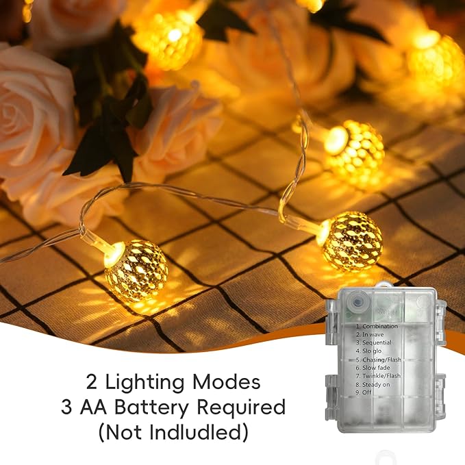 LED Moroccan Fairy Lights - 40 Indoor/Outdoor Battery Operated String Lights with 8 Modes - Waterproof Globe Lights for Home, Patio, Wedding, Diwali, Christmas Decor - Warm White