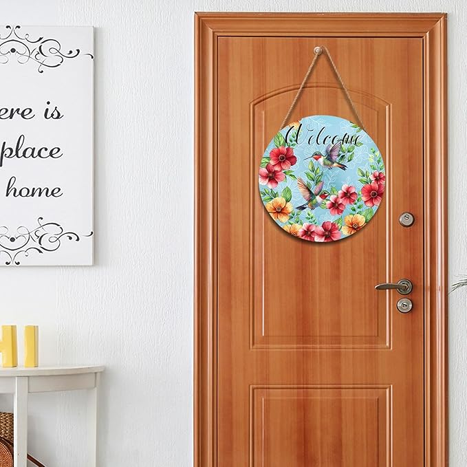 Welcome Spring Hummingbird Door Sign For Front Door Decor,Spring Summer Red Yellow Flower Leaves Wooden Sign 12"x 12" Round Seasonal Hanging Door Sign Decoration for Rustic Decor