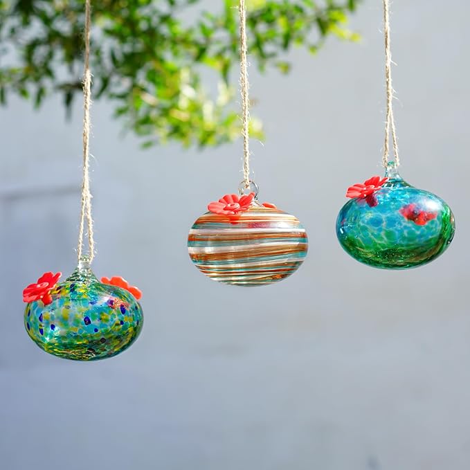 3PCS Small Glass Hummingbird Feeders for Outdoors 3inch Hand Blown Glass Humming Bird Feeder for Window Hanging Ant and Bee Proof Humming Birds Feeders