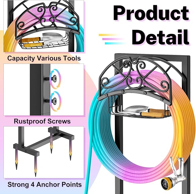 Garden Hose Holder, Freestanding Water Hose Holder with Storage Basket, Heavy Duty Metal Hose Stand Sturdy Hose Hanger, Detachable Hose Storage Rack for Outside Yard Lawn