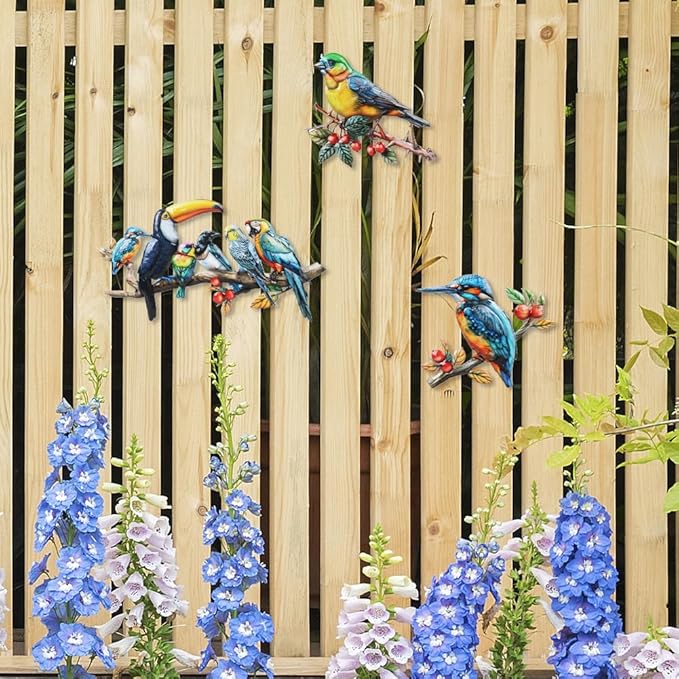 3 Pcs Metal Birds Wall Art Garden Decor, 3D Colorful Birds Outdoor Wall Art Yard Patio Fence Decoration, Hummingbird Parrot Toucan Wall Hanging Sculpture Outside Gift for Women Mom