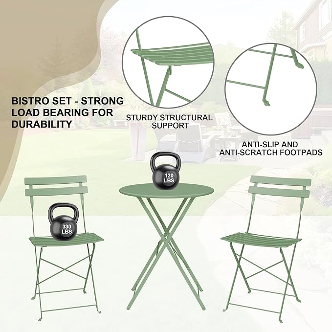 Bistro Table and Chairs Set of 2, 3 Piece Outdoor/Indoor Folding Patio Bistro Sets, 2 Chair Patio Furniture Set with Table, Premium Frame Foldable Coffee Tables for Balcony, Yard, Garden, Green