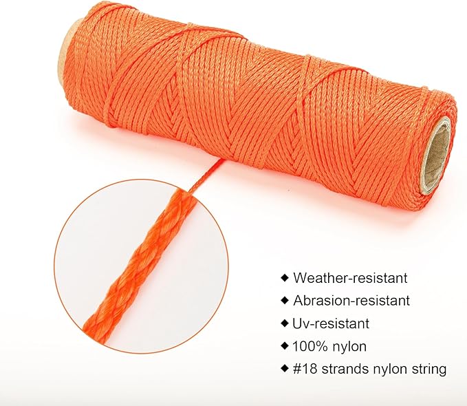KINGLAKE Orange Mason Line, Nylon Twine, #18 Braided Durable Nylon Twine for Garden, Masonry, 300 Feet Fluorescent Orange Construction String, DIY Crafts Decor