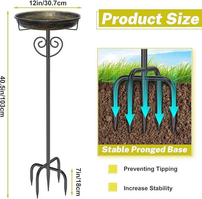 Metal Bird Bath for Outside,Vintage Freestanding Bird Bath with Metal Stake Upgraded 5 Pronged Base Detachable Birdbaths Feeder Bowl for Outdoors Garden Patio Yard Lawn Decor (Vintage Gold)