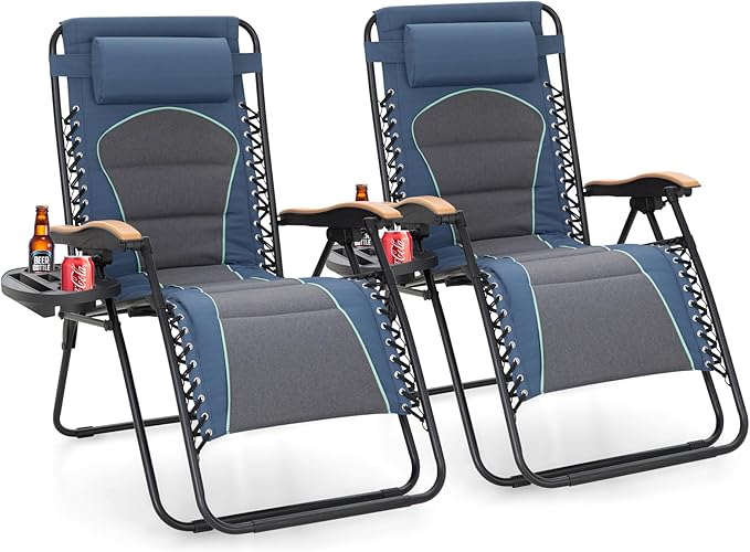 Sophia & William Oversized XXL Zero Gravity Chair Set of 2, Outdoor Recliner Zero Gravity Lounge Chair Outdoor Gravity Chair with Free Cup Holder, Supports 400 LBS (Blue)