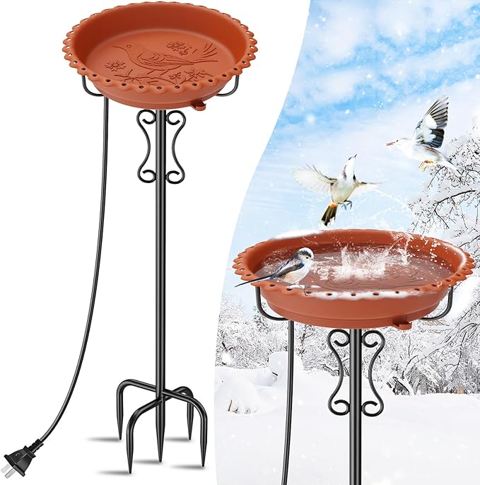 Heated Bird Baths for Outdoors Winter,100W Heated Bird Bath Bowl for Outside Thermostatically Controlled Water Heated Birdbath with Metal 5-Prong Base for Garden Patio Yard (Brown)