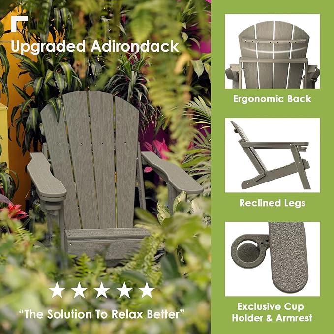 GREENVINES Folding-Adirondack-Chair | Wood Grain | HDPE Plastic | Fire Pit Chairs | All Weather | Cup Holder | Desert Brown | for Deck Backyard Patio Outdoor