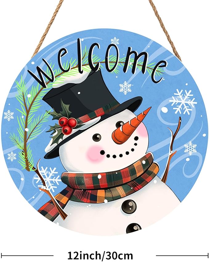 Welcome Snowman Blue Door Sign For Front Door Decor,Green Pine Branch Snowflakes Wooden Sign 12"x 12" Round Wood Hanging Door Sign Winter Decoration for Wall Rustic Decor