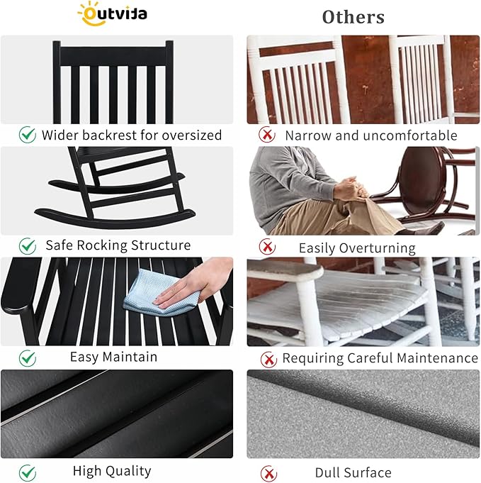 Outvita Outdoor Rocking Chair, Solid Wood High Back Rocker, All Weather Lounge Chair for Porch Patio Fire Pit Garden Backyard Deck Indoor, Black
